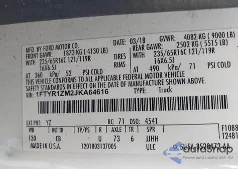 2018 Ford Transit-250 из США, поврежденный, VIN 1FTYR1ZM2JKA64616